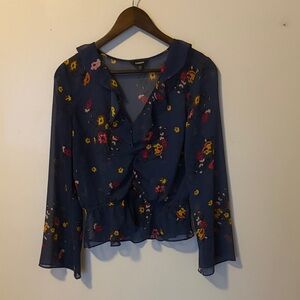 Express Navy Floral Ruffle Peplum Blouse